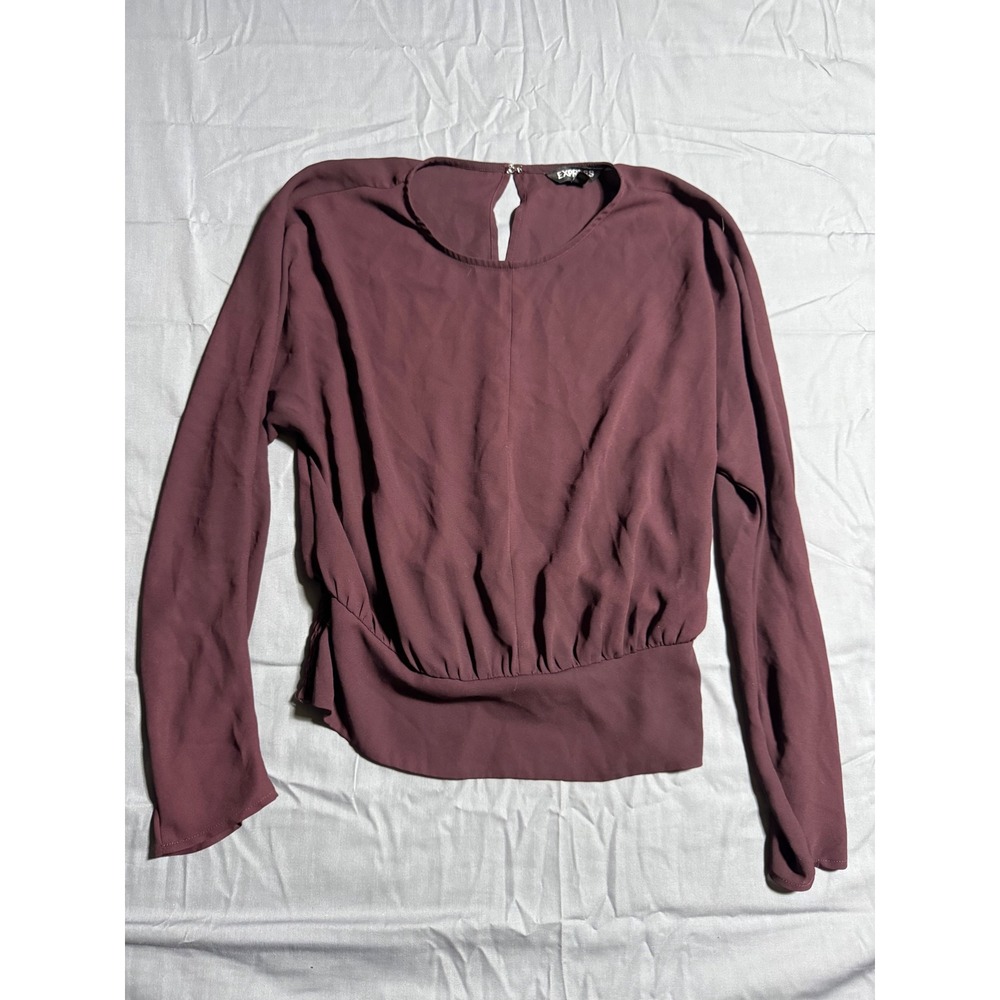 Express Blouse Women S Burgundy Good Smocked Back Long Sleeve Keyhole Top